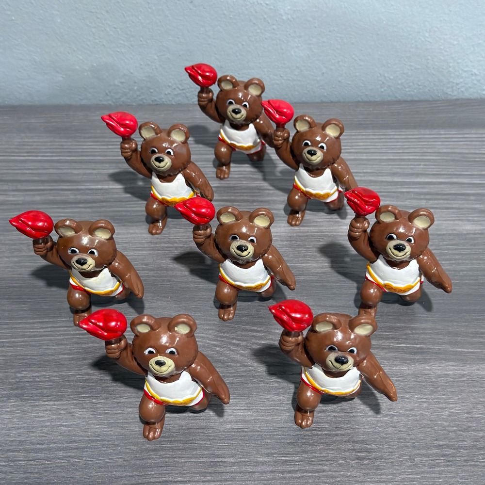 Vintage 1980 Moscow Olympics Misha Bear PVC Figure Lot of 8 Torch Mascot Toy